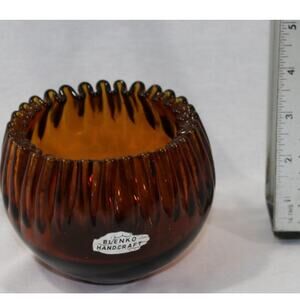 BLENKO Hand Blown Winslow Anderson Crimped Amber Brown Bowl #538